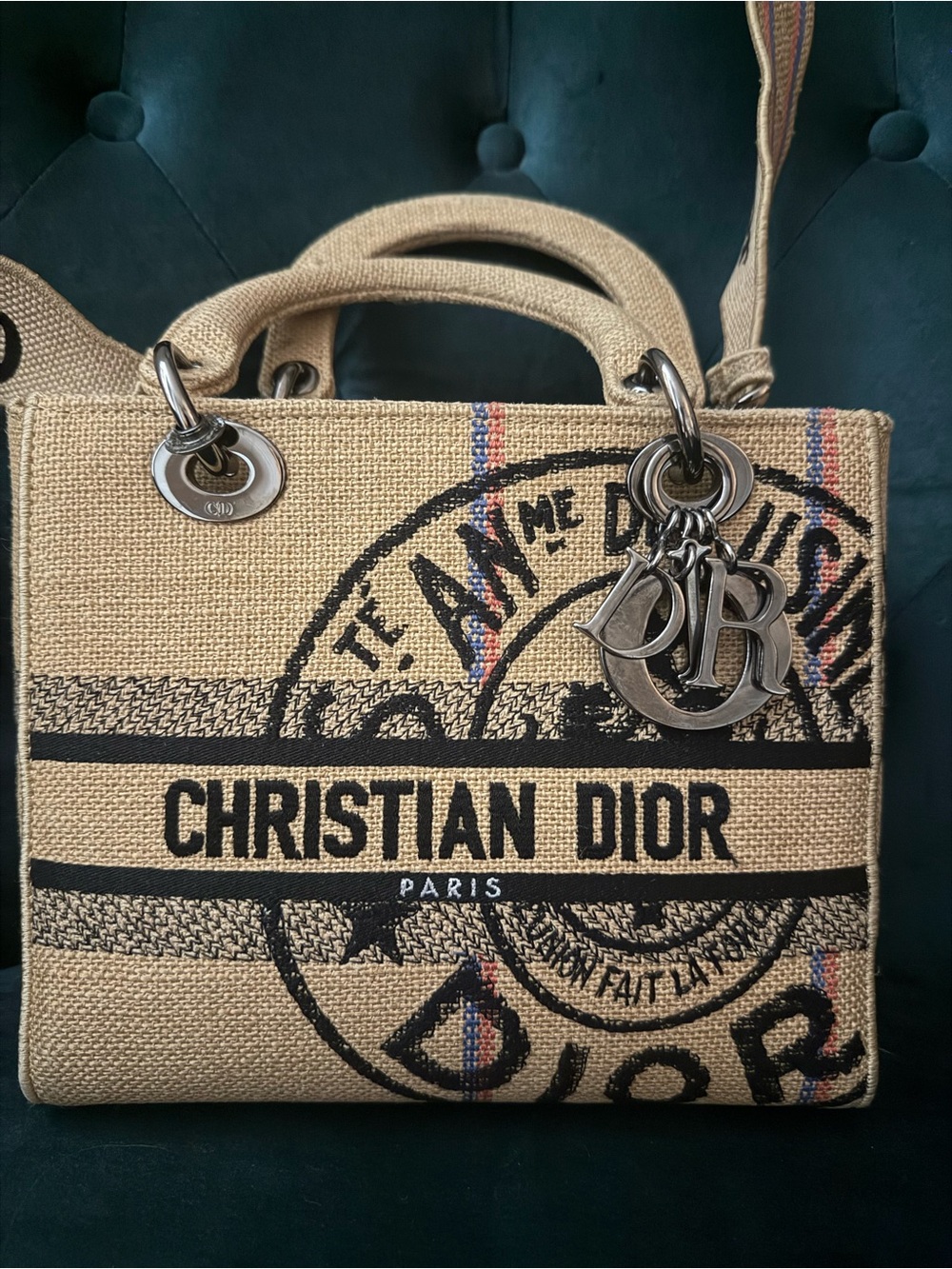 Lady Dior Beige Canvas 'Christian Dior' medium bag with Silver Tone Charms
